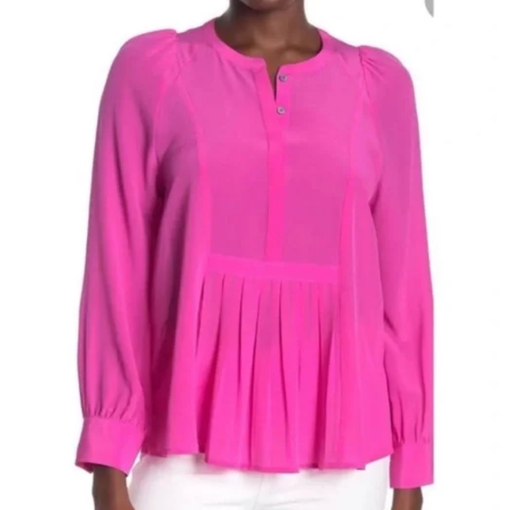J. Crew 100% Silk Pleated Button Blouse Top XS Pink Barbiecore Preppy Barbie